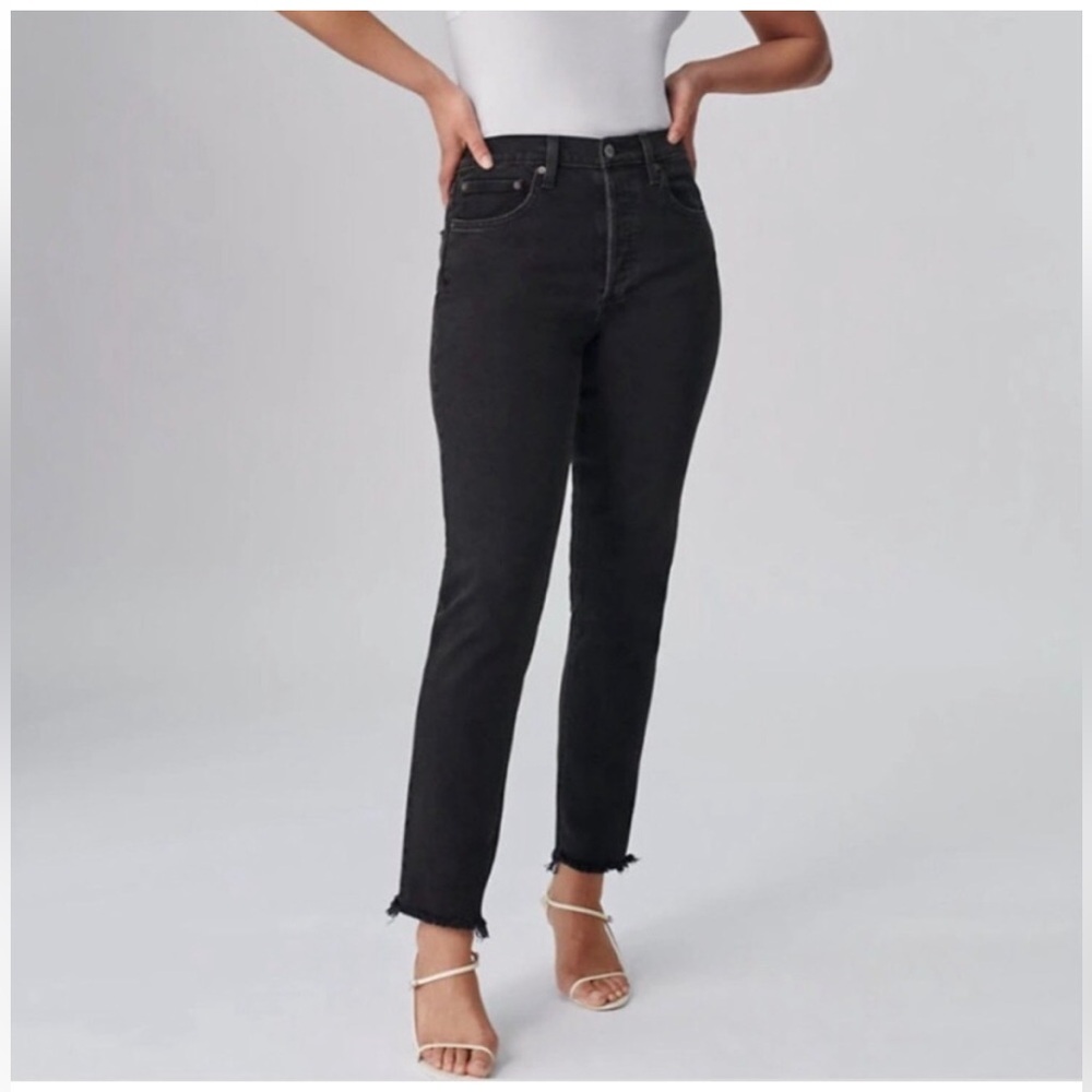Aritzia Denim Forum Yoko High Rise Slim Black Washed Jeans Raw Hem